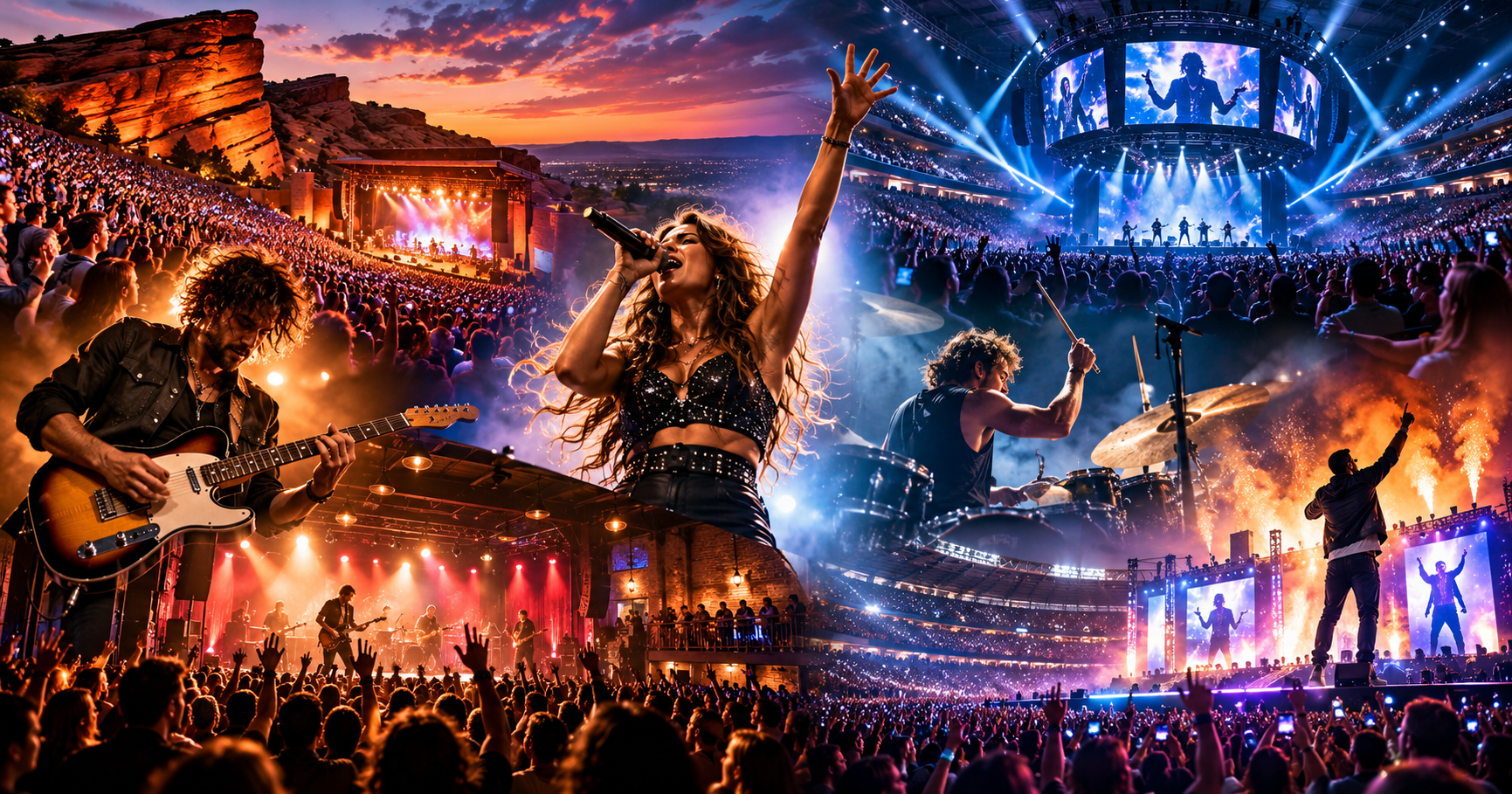 Montage of concert performers, live music festivals, outdoor amphitheaters, arena concerts, and stadium crowds