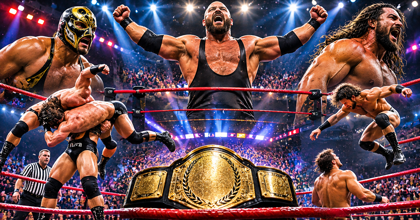 Professional wrestling montage featuring wrestlers, ring action, championship belt, and arena crowd