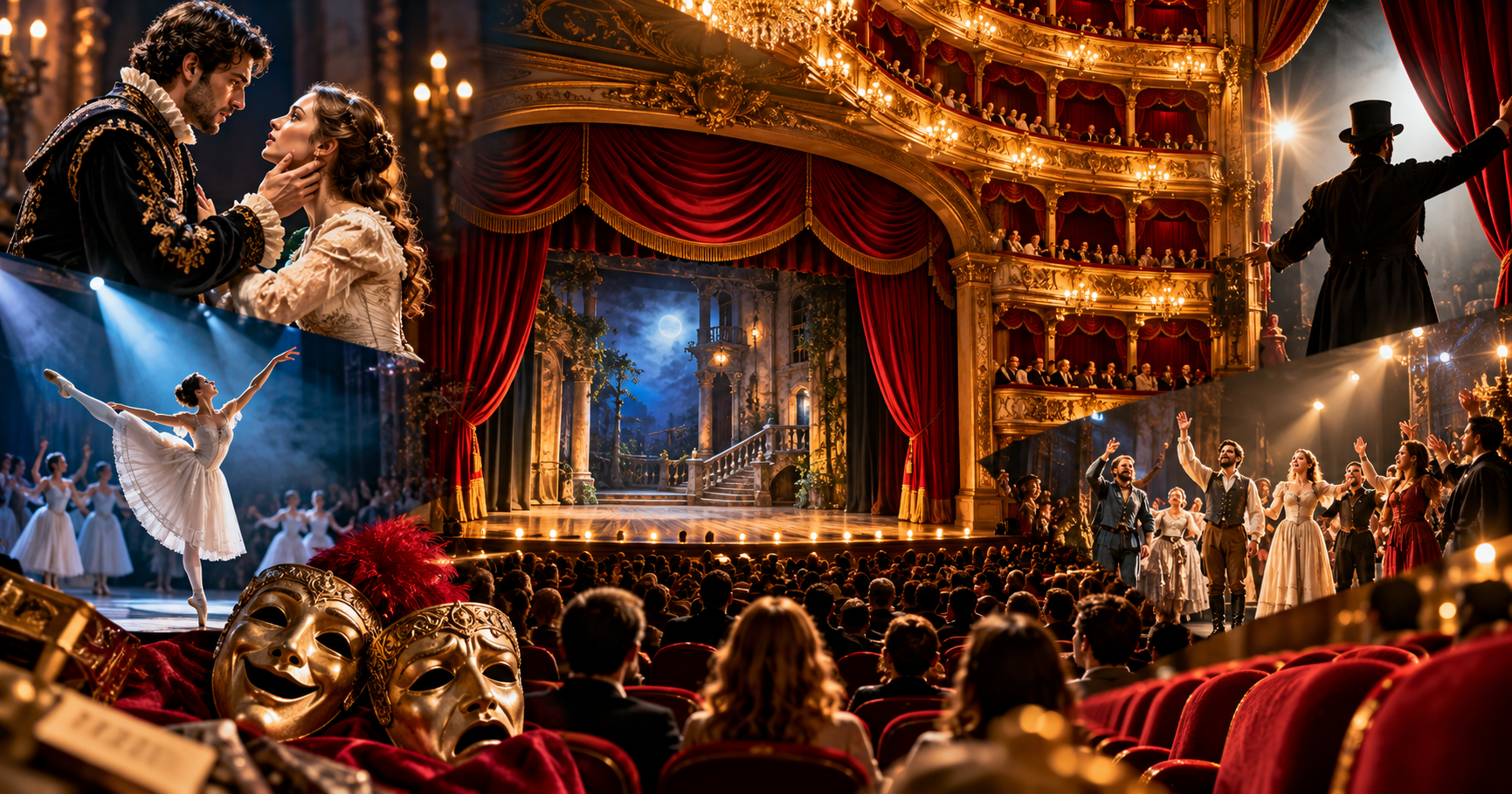 Montage of theater venues, live plays, musicals and stage performances